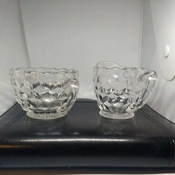 Vintage Fostoria American Glass Creamer & Sugar Bowl CUBE PRISM 2-Piece Set - Picture 6 of 7